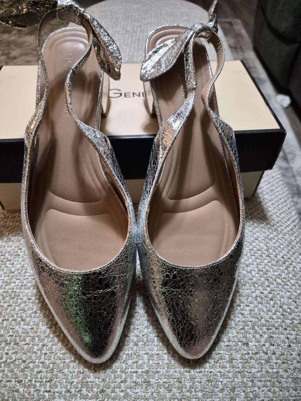 BCBGeneration Cracked Metallic Silver Pointed Slingback Flats